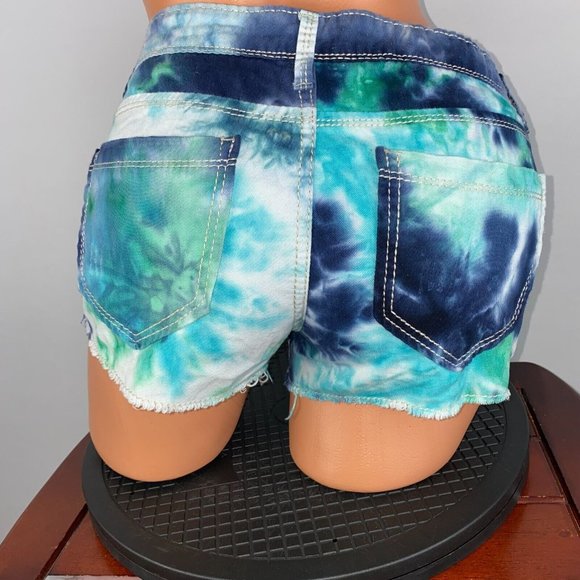 Hippie Laundry Juniors 7 Blue Green White Tie Dye Distressed Fringe Hem Shorts - Picture 6 of 12